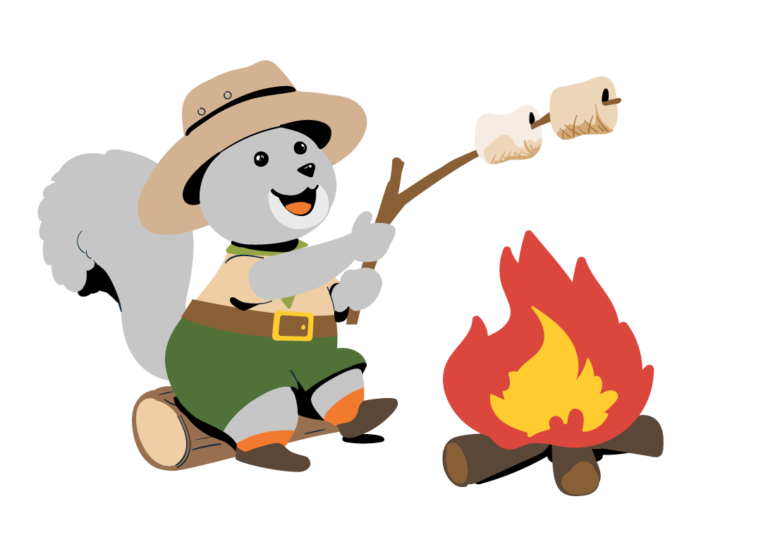 Cartoon squirrel wearing a park ranger outfit roasting marshmallows over a campfire while sitting on a log.