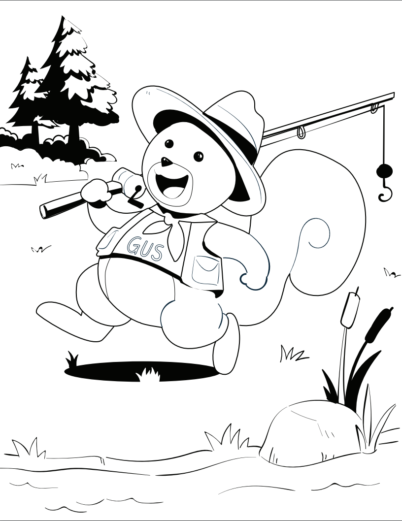 A black and white image of a happy cartoon squirrel fishing by a pond, wearing a hat and vest labeled 'Gus.'