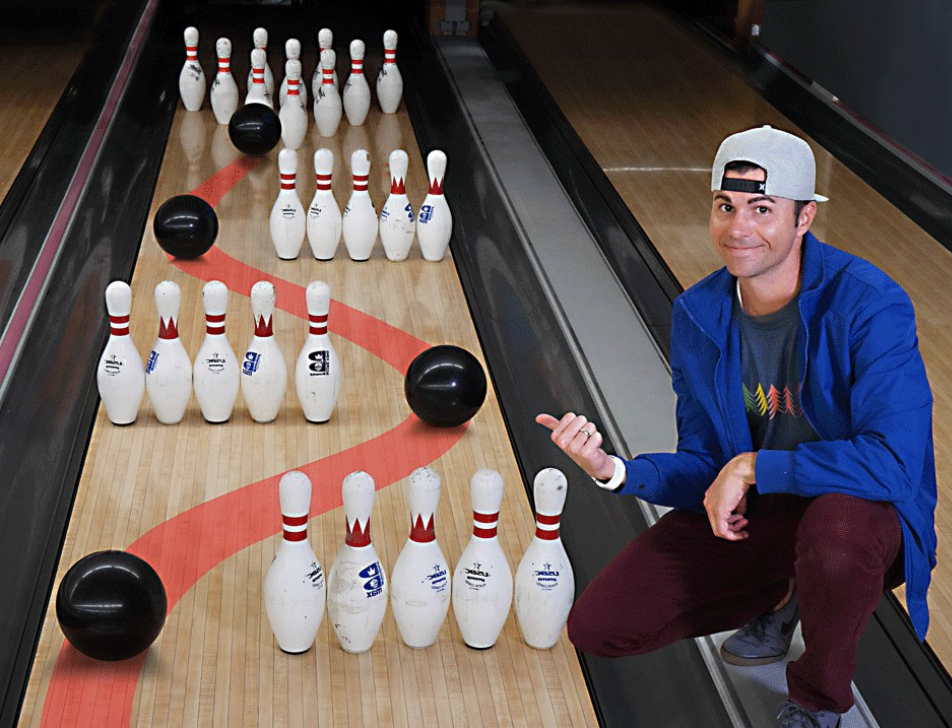 Mark Rober pointing at a creative bowling pin arrangement with multiple bowling balls moving between them.